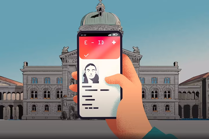 Illustration eines Einlog-Vorgangs mittels eines in der Hand gehaltenem Smartphones mit dem Bundeshaus im Hintergrund