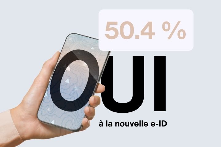 Une main d'homme montre un smartphone avec le montage du slogan OUI à la nouvelle e-ID et le pourcentage 50,4